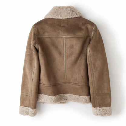 Winter Women Faux Shearling Sheepskin Leather Fur Jackets Lady Thick Warm Suede Lambs Wool Short Motorcycle Brown Coats - Shello's Creative Boutique