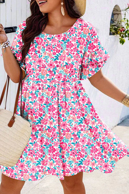 Plus Size Floral Print Ruffle Short Sleeve Flare Dress - Boho Elegance Meets Effortless Style! - Shello's Creative Boutique