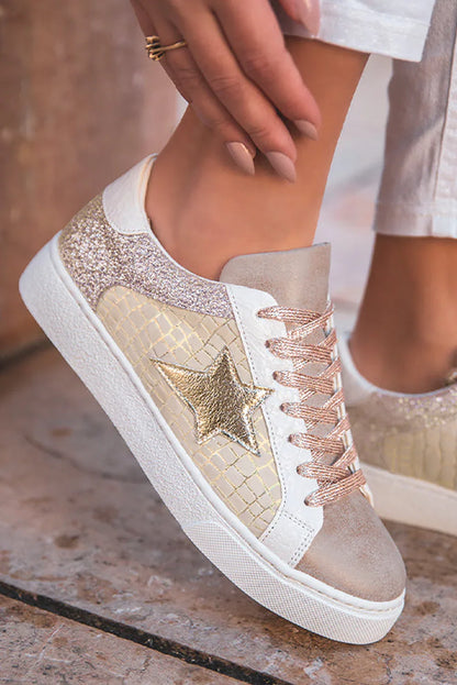 Silver Glitter Star Sneakers - PU Leather Patchwork Trainers - Shello's Creative Boutique