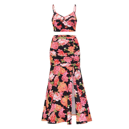 Plus Size Printed Two-Piece Dress with Slit - Pleated Sling Dress Set - Shello's Creative Boutique