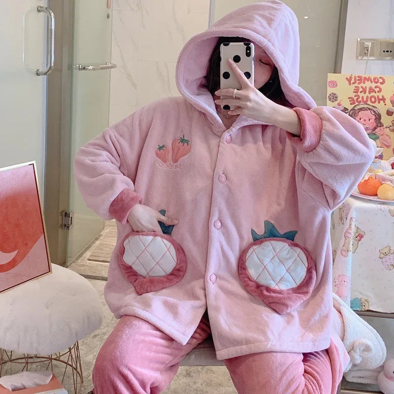 Winter Pajamas Women Sleepwear Plus Size XXXL Flannel Pyjamas Fashion Home Wear Cartoon Hooded Nightgown Coral Velvet Cardigan - Shello's Creative Boutique
