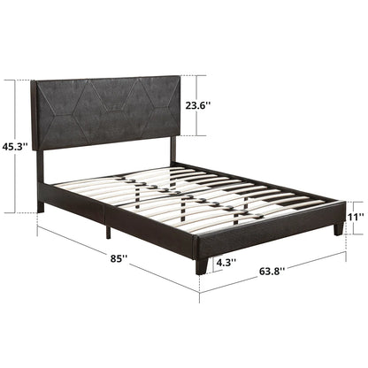 Queen Size Upholstered Platform Bed Frame Wood Slat Support Easy Assembly Black pu - Shello's Creative Boutique