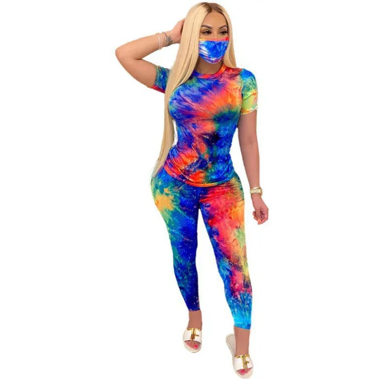 Tie-Dye Two Piece Set Women Summer Clothes Casual Sportswear 2 Piece Outfit for Women Sweat Suit Short Sleeve Top and Shorts Set include Mask - Shello's Creative Boutique