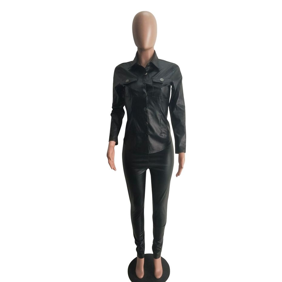 Sexy Two Piece Set Women Plus Size PU Leather Long Sleeve Top and Bodycon Pant Suit eprolo