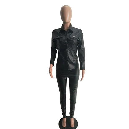 Sexy Two Piece Set Women Plus Size PU Leather Long Sleeve Top and Bodycon Pant Suit - Shello's Creative Boutique