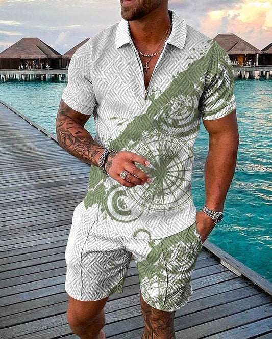 New Men's Fashion Casual Suit 3D Print Zip Short Sleeve Polo Shirt Shorts 2 Piece Set - Shello's Creative Boutique