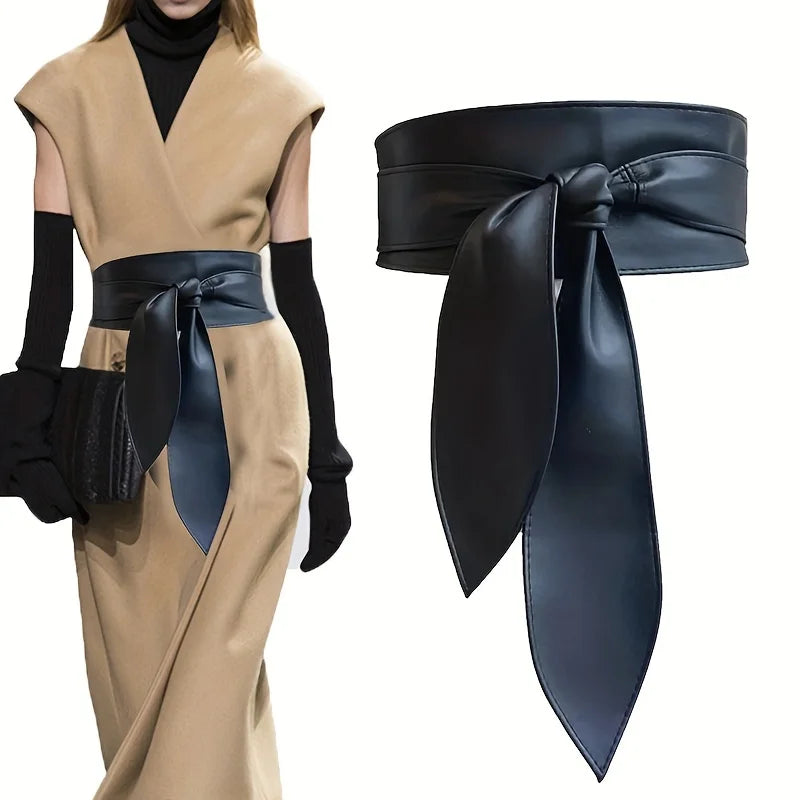 Black Bowknot Obi Belt  Lace Up Tied Knot Corset PU Wide Belts Cinch Waistband Elegant Dress Coat Girdle For Women eprolo