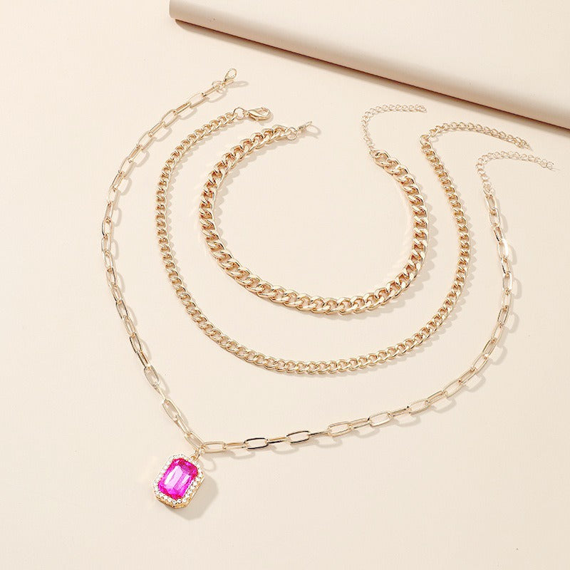 Diamond inlaid multi-layer necklace minimalist square pendant three piece set eprolo