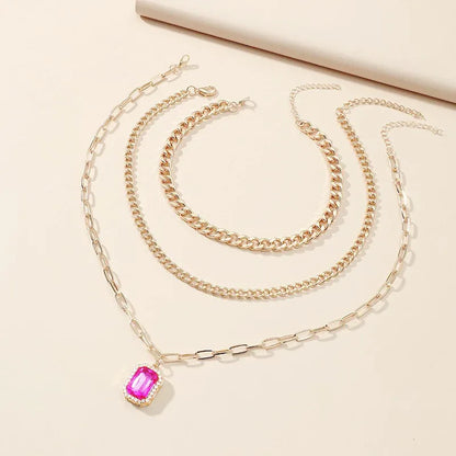 Diamond inlaid multi-layer necklace minimalist square pendant three piece set - Shello's Creative Boutique