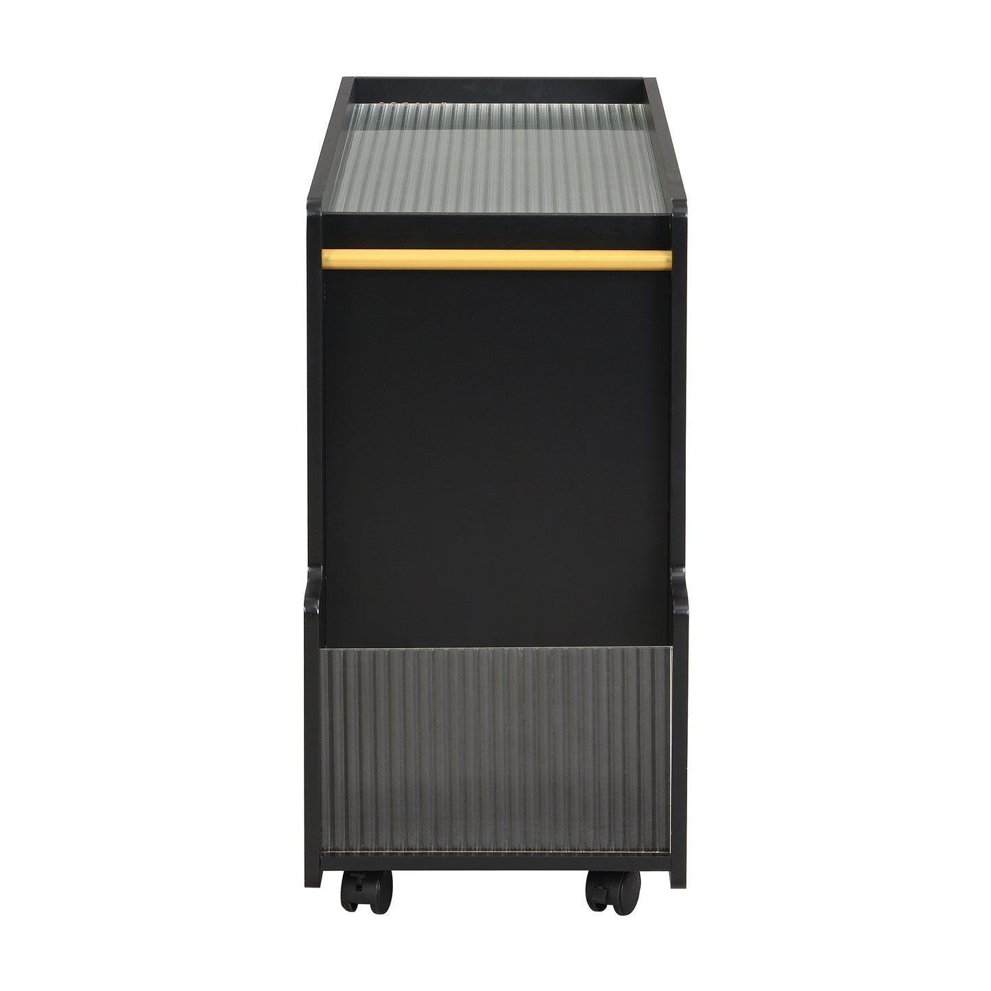 Stylish mobile desk with lockable wheels,bedside table with 5mm thick grooved tempered glass and gold round bars ，black eprolo