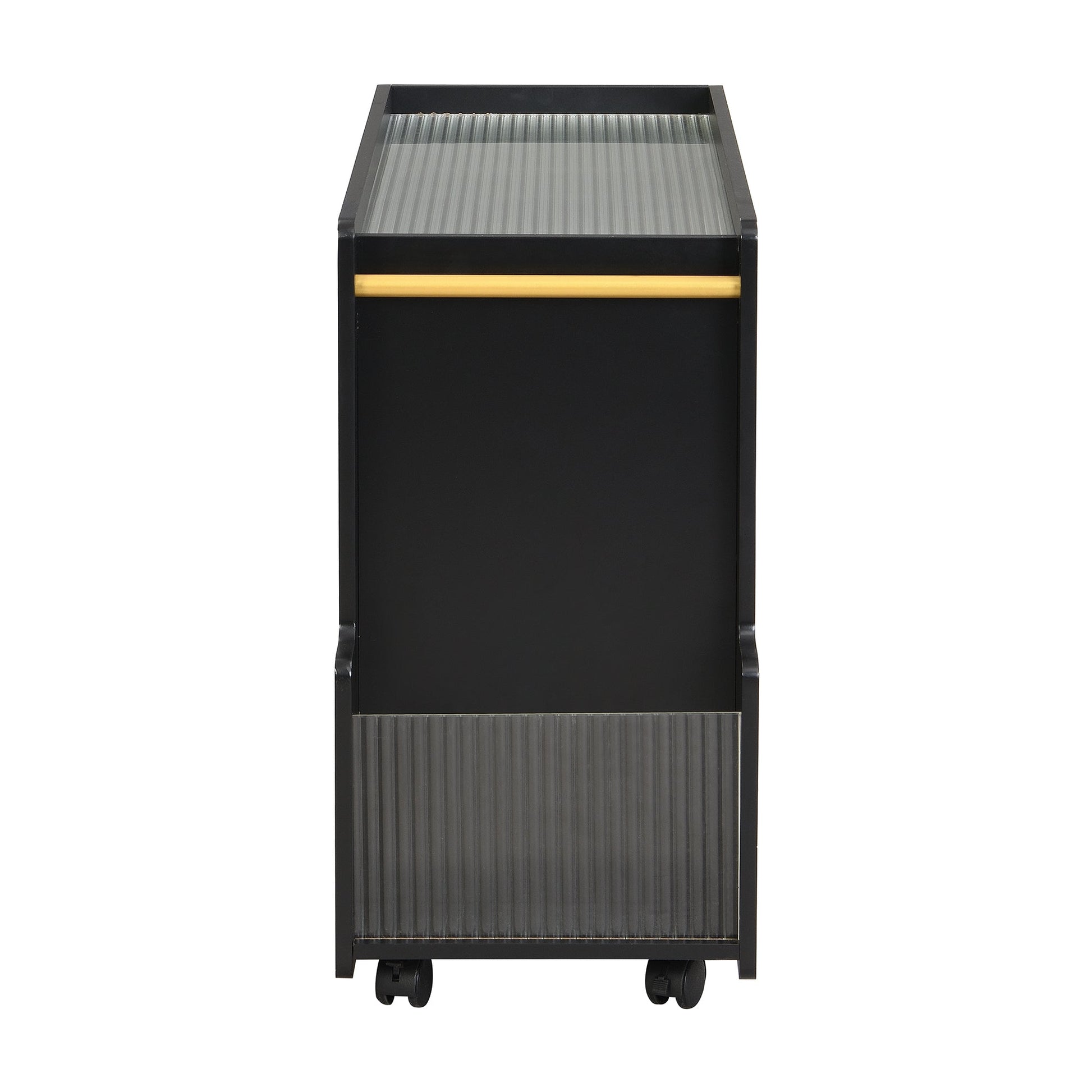 Stylish mobile desk with lockable wheels,bedside table with 5mm thick grooved tempered glass and gold round bars ，black eprolo