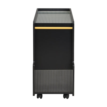 Stylish mobile desk with lockable wheels,bedside table with 5mm thick grooved tempered glass and gold round bars ，black eprolo