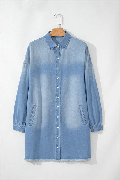 Beau Blue Denim Shirt Dress - Washed Raw Hem Casual Dress - Shello's Creative Boutique