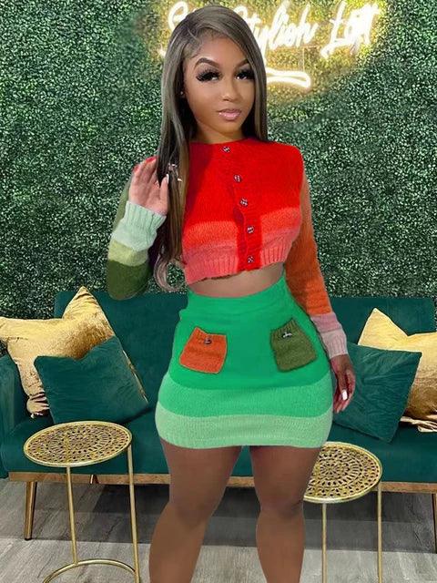 Knit Elastic Women 2 Piece Set Skinny Colorful Button Sweater+Pocket Skirts Casual Streetwear Matching Autumn Suits - Shello's Creative Boutique
