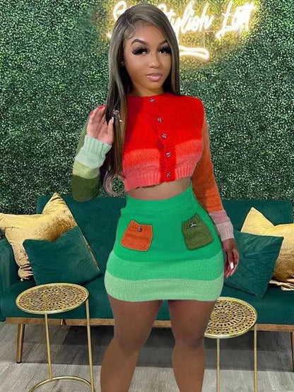 Knit Elastic Women 2 Piece Set Skinny Colorful Button Sweater+Pocket Skirts Casual Streetwear Matching Autumn Suits - Shello's Creative Boutique
