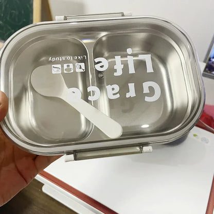 Korean style simple stainless steel two compartment lunch box with cutlery - Shello's Creative Boutique