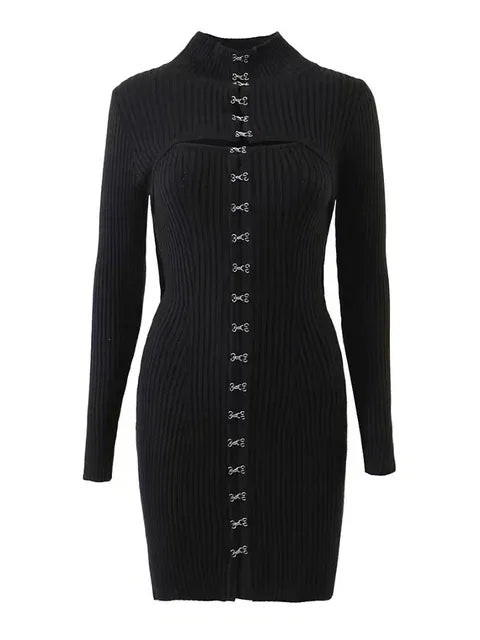 Autumn Winter Fashion Original Design Metal Buckle Knitted Shoulder Sleeve Short Dresses Two-piece Sets Women - Shello's Creative Boutique