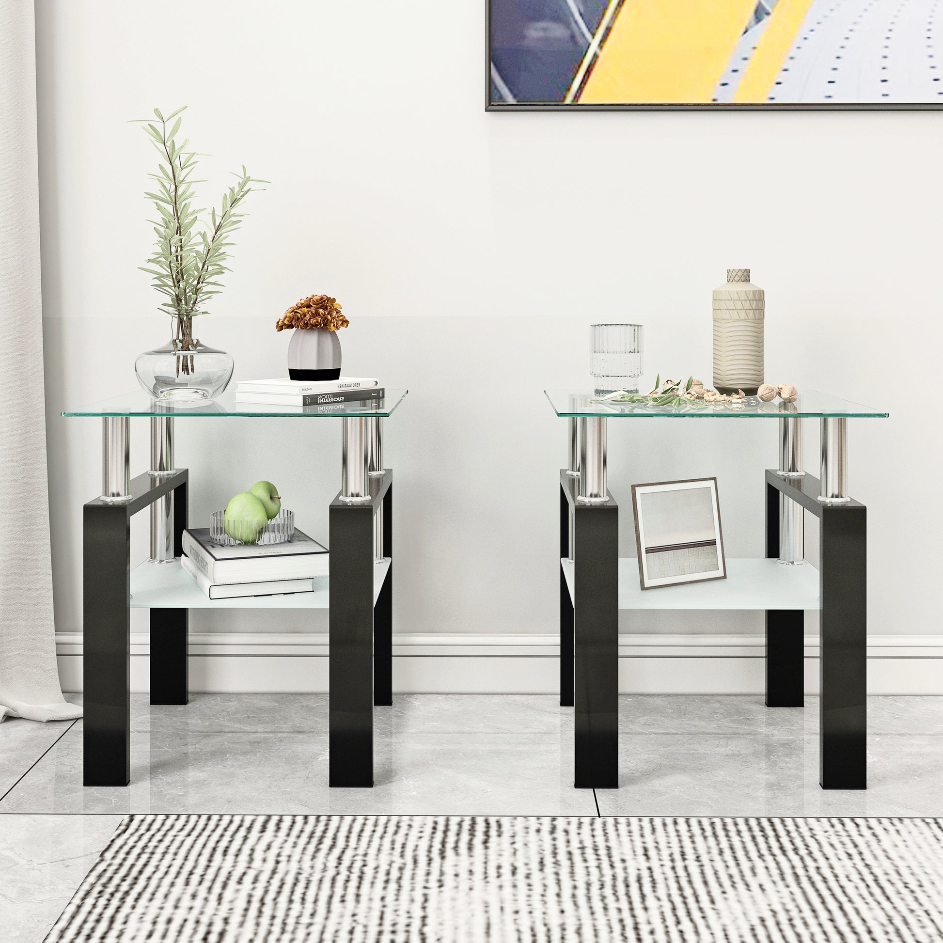Set of 2, Modern Tempered Glass Tea Table Coffee Table End Table, Square Table for Living Room, Transparent/Black eprolo