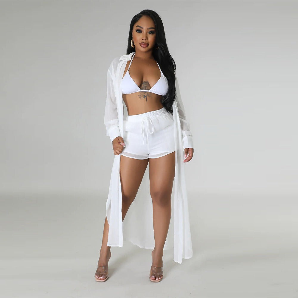 Sexy Perspective Solid Color Chiffon Long Shirt Shorts Beach Two Piece Set New eprolo