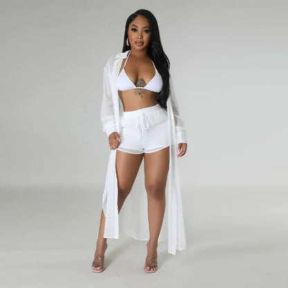 Sexy Perspective Solid Color Chiffon Long Shirt Shorts Beach Two Piece Set New - Shello's Creative Boutique