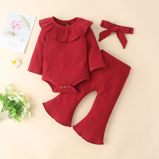 Autumn And Winter Infant Solid Color Pit Strip Cotton Long-Sleeved Ruffled Romper Flared Three-Piece Set eprolo