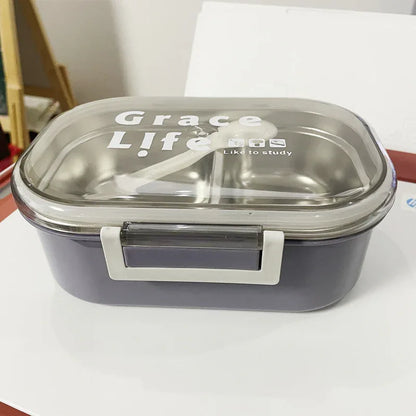 Korean style simple stainless steel two compartment lunch box with cutlery - Shello's Creative Boutique