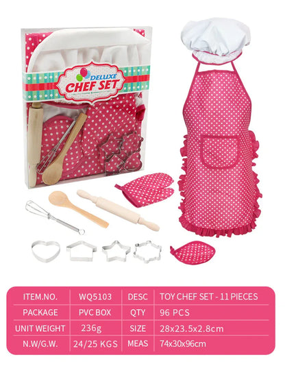 Children's Play House Kitchen Set Girls Cooking Baking Tools Cookware Pink Apron 11-Piece Toy Set - Shello's Creative Boutique