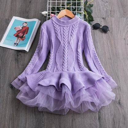 Winter Knitted Chiffon Girl Dress – Party Long Sleeve Children’s Clothes - Shello's Creative Boutique