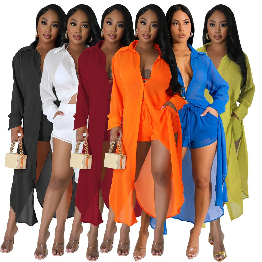 Sexy Perspective Solid Color Chiffon Long Shirt Shorts Beach Two Piece Set New eprolo