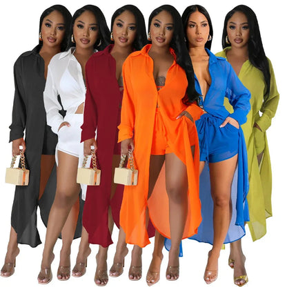 Sexy Perspective Solid Color Chiffon Long Shirt Shorts Beach Two Piece Set New - Shello's Creative Boutique