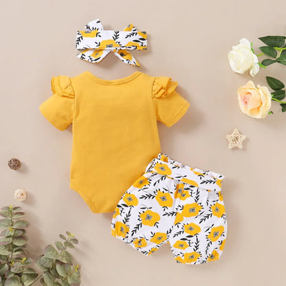 Girls' Spring/Summer Infant/Toddler Short Sleeve Solid Letter Printing Top+Small Flower Printing Trouser Set - Shello's Creative Boutique