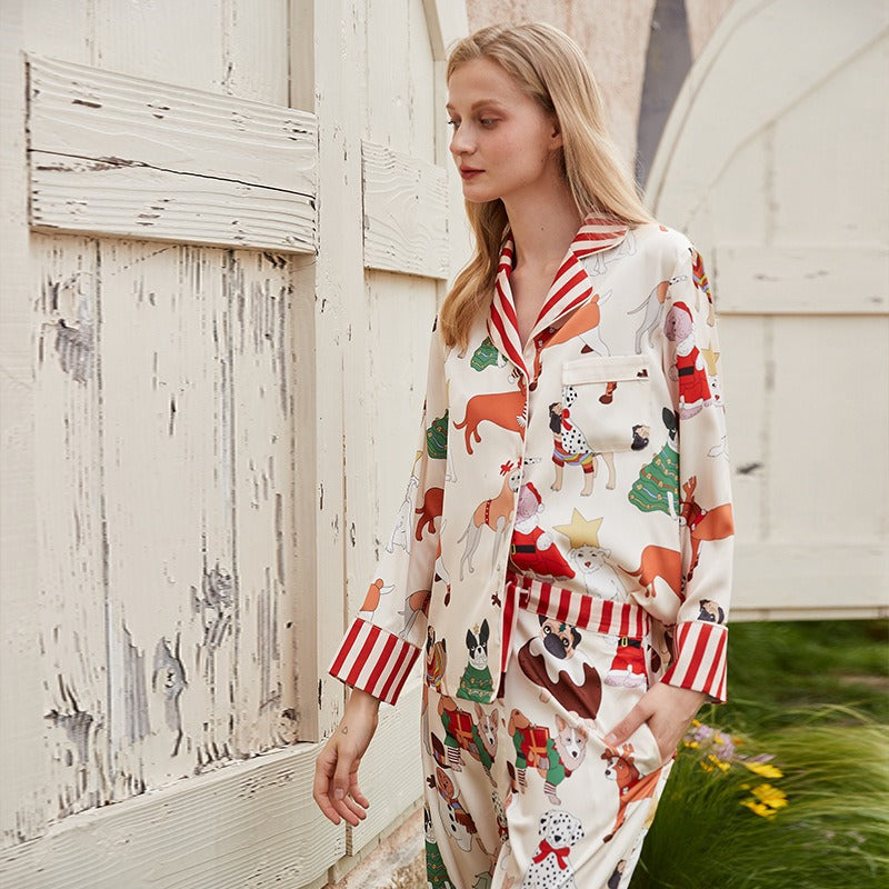 Ins style pajamas women autumn long-sleeved trousers lapel imitation silk thin home clothes set eprolo