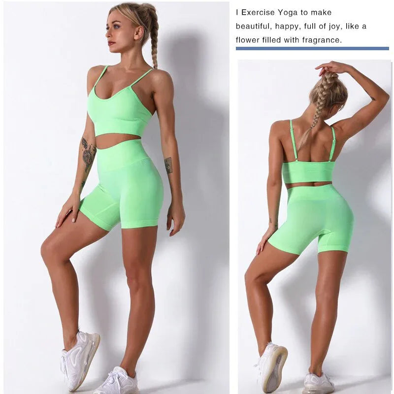 2Pcs/3Pcs/4Pcs Yoga Set Women Clotching Fitness Sportswear Seamless High Waist Leggings Shorts Shirt Crop Top Sport Bra - Shello's Creative Boutique