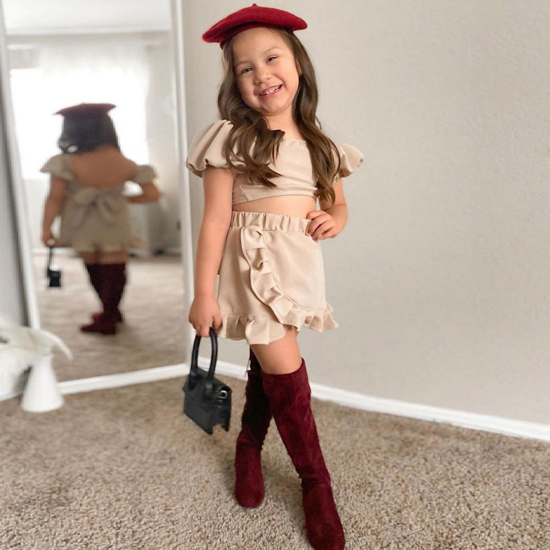 Children's Wear Girls' Suit Ins Style Children's Wear Girls' Lantern Sleeve Short Skirt Two-Piece Set eprolo