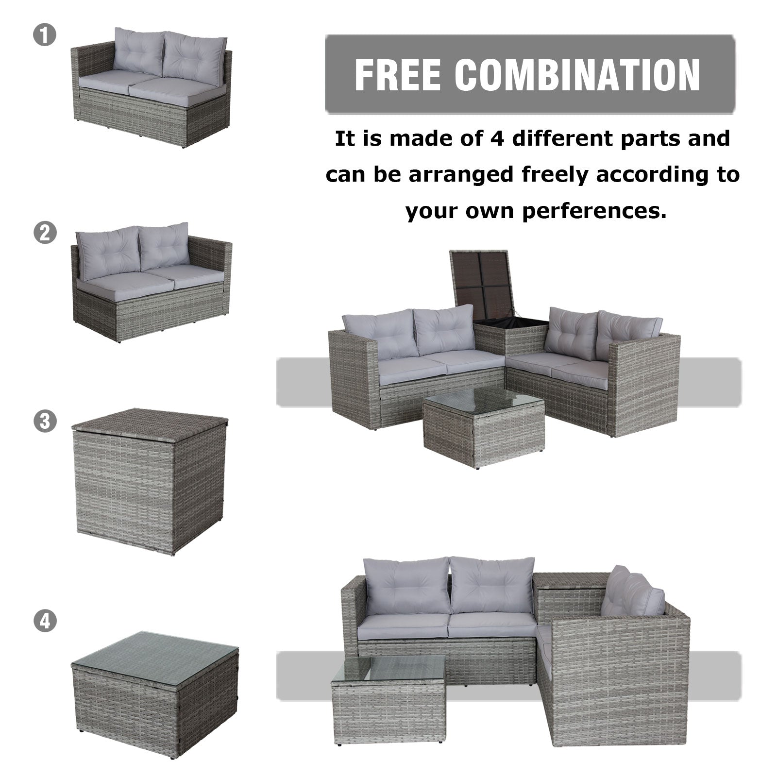 4 Piece Patio Sectional Wicker Rattan Outdoor Furniture Sofa Set with Storage Box Grey eprolo