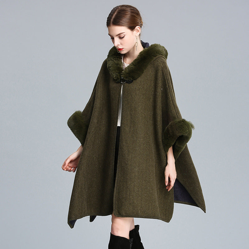 Imitation otter rabbit fur collar hooded shawl cape plus size woolen coat loose cardigan for women eprolo