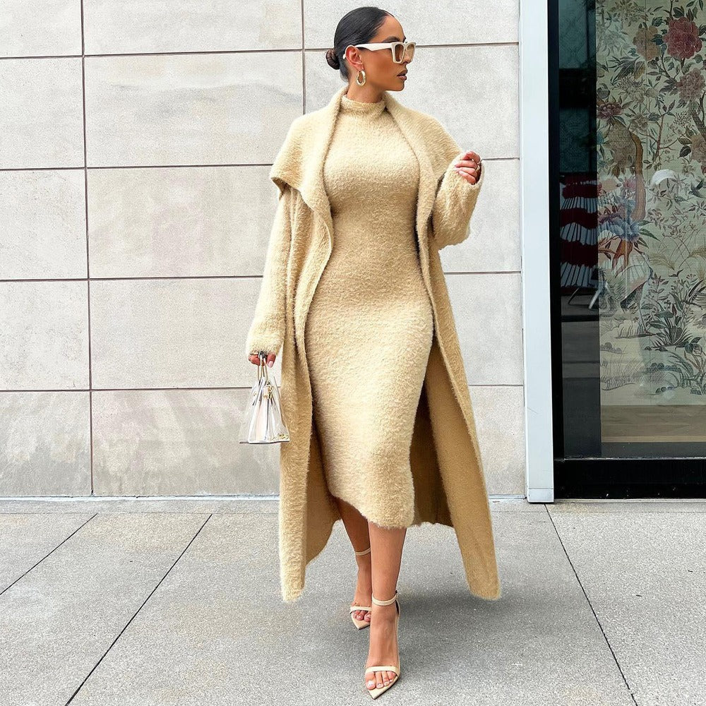Women's autumn and winter new fashionable loose cardigan jacket double-sided velvet dress set for women eprolo