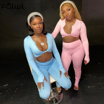 FQLWL Casual Summer Two Piece Set - Pink Long Sleeve Crop Top and Leggings - Shello's Creative Boutique