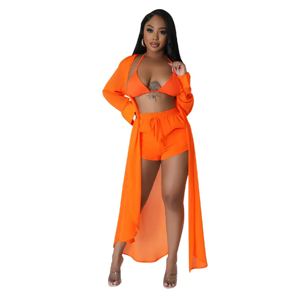 Sexy Perspective Solid Color Chiffon Long Shirt Shorts Beach Two Piece Set New eprolo