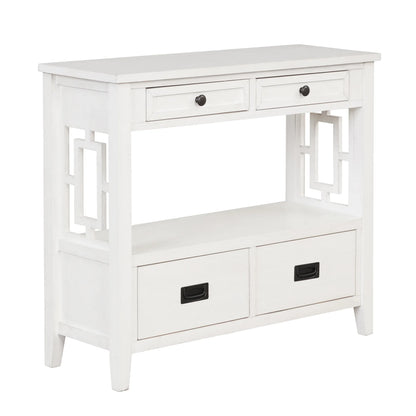 36'' Farmhouse Pine Wood Console Table Entry Sofa Table with 4 Drawers & 1 Storage Shelf (Antique White) - Shello's Creative Boutique