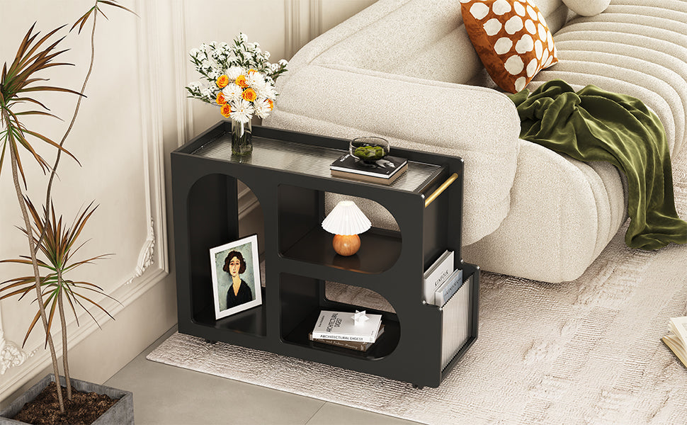 Stylish mobile desk with lockable wheels,bedside table with 5mm thick grooved tempered glass and gold round bars ，black eprolo