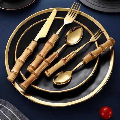Natural Bamboo Handle Stainless Steel Tableware, Dessert Salad Spoon Fork, Bamboo Joint Handle, Western Food Steak Knife - Shello's Creative Boutique