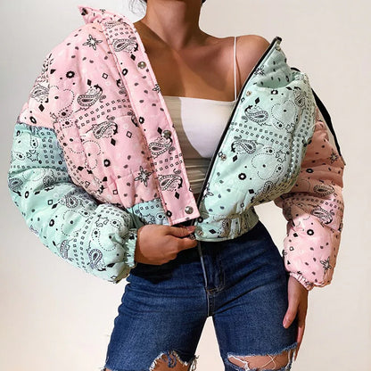 Autumn Winter Fashion Women's Colorblock printing Long Sleeve Zipper Cotton Padded Jacket Coats - Shello's Creative Boutique