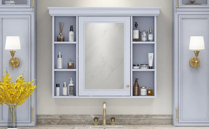 35'' x 28'' Blue Wall Mounted Bathroom Storage Cabinet with Mirror Door, Modern Bathroom Wall Cabinet with Mirror - Shello's Creative Boutique
