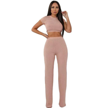 Women knitted long sleeve o-neck crop top wide leg pants 2 piece set for female women tops pants two pieces sets women's suits - Shello's Creative Boutique