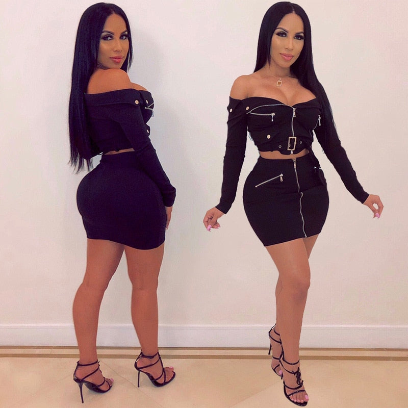 2 Piece Set Women Clothes Solid Off Shoulder Zipper Bodycon 2 Piece Set Women Long Sleeve Belt Top And Skirt Set eprolo