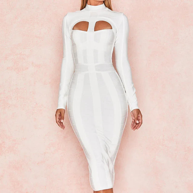 White Hollow Out Bandage Midi Dress - Long Sleeve Bodycon - Shello's Creative Boutique