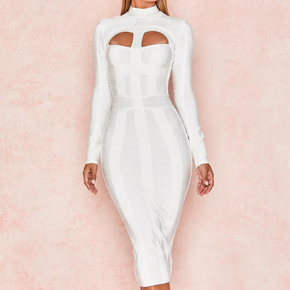White Hollow Out Bandage Midi Dress - Long Sleeve Bodycon - Shello's Creative Boutique