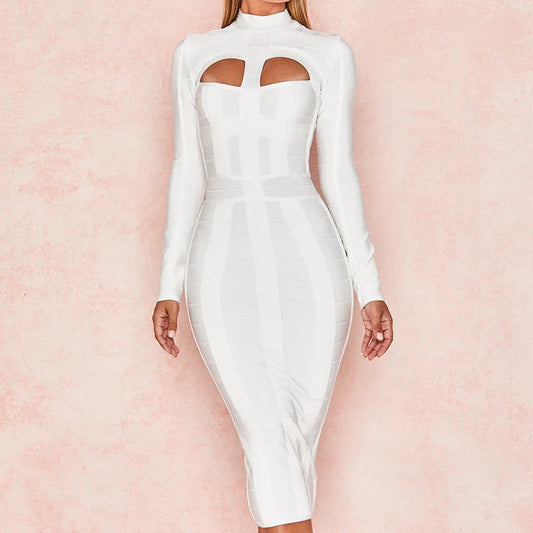 White Hollow Out Bandage Midi Dress - Long Sleeve Bodycon - Shello's Creative Boutique