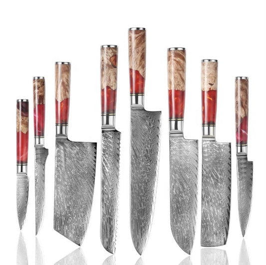 XUANFENG set of vg10 steel kitchen knife brocade machete chef knife bread knife blue resin and color wooden handle kitchen tools eprolo